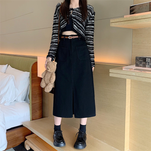 Real price real price new high waist thin middle slit a-line tooling denim skirt women's long skirt with belt