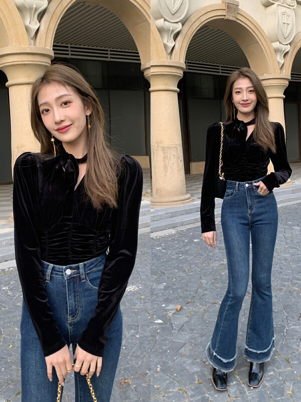 [ZY] French niche V-neck pleated waist velvet neckline tie shirt small shirt 18330