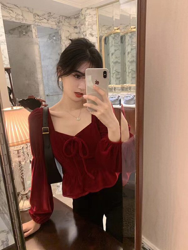 【ARE STUDIO】Stylish square collar velvet shirt 92612# OZQ