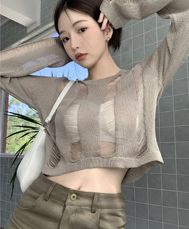New in early autumn!【WGWE】Pure Desire Spice Girl Hollow Drawstring Knitwear 2435# FHX