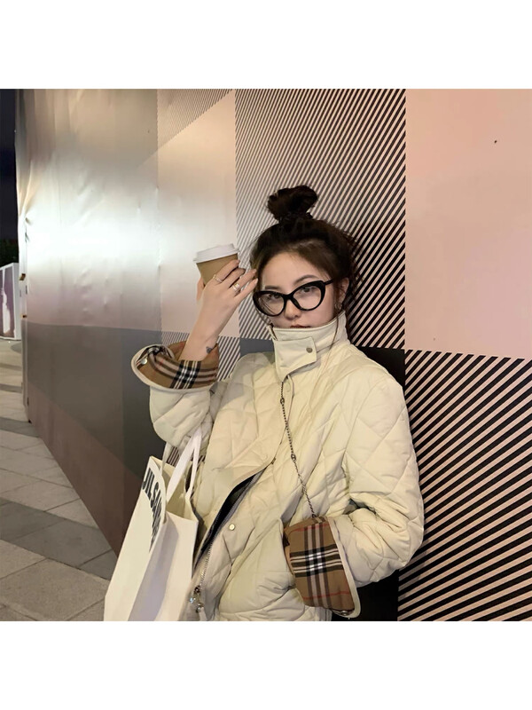 【BY】Korean style color matching lapel rhombus warm padded jacket 0247# HJY