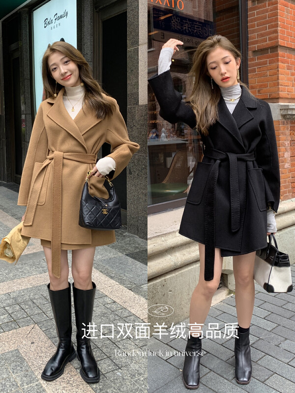 【ZY】Advanced custom double-sided cashmere mid-length coat slim lapel suit wool coat (with belt) 18299