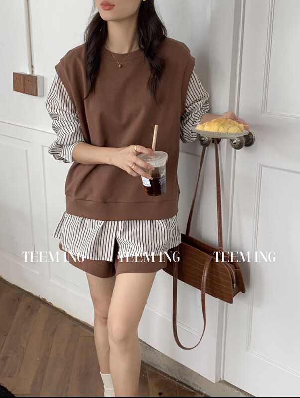 Original price 157.79! [TEEM ING] Korean fake two-piece striped sweater + elastic waist casual shorts set 22T812A# HJY