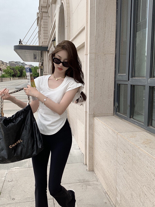Original price 28.20! [WGWE] Simple solid color slim short short-sleeved T-shirt 2191# FHX