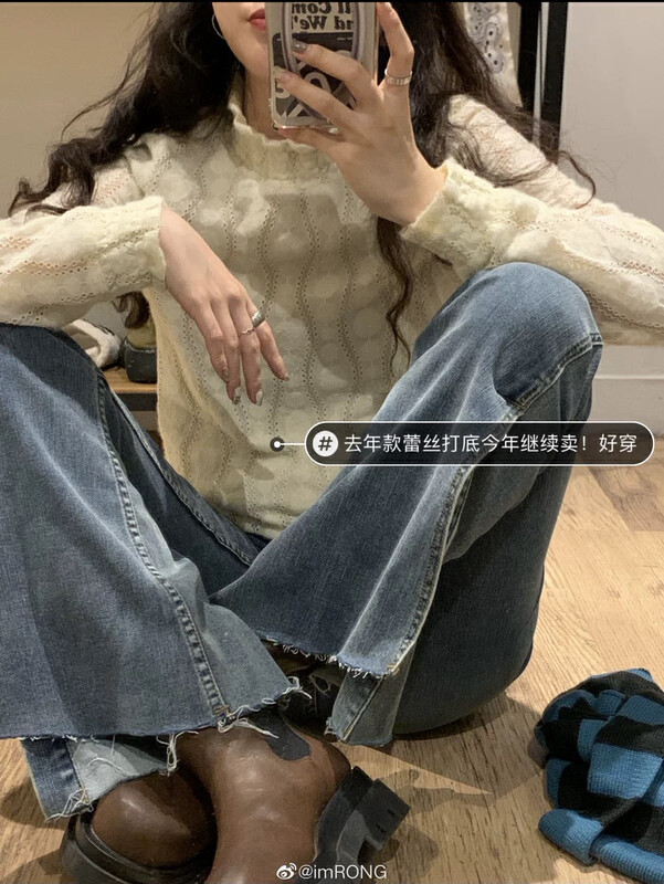 【WGWE】Textured double-layer half-high collar lace long-sleeved T-shirt 3010# FHX
