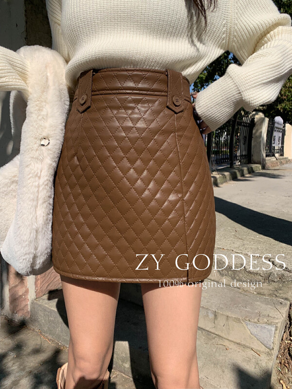 Original price 88.99! 【ZY】Korean high-waist slimming padded A-line Pu leather skirt 28183# JHY