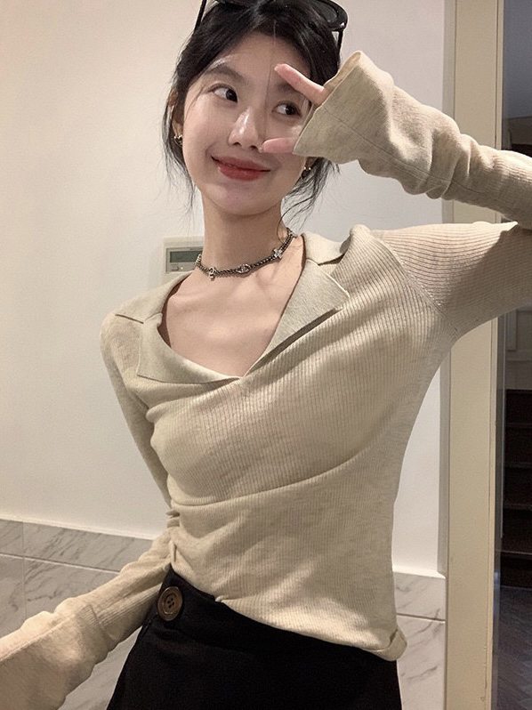 New in autumn! [WGWE] Tight v-neck with short long-sleeved sweater 2650# FHX