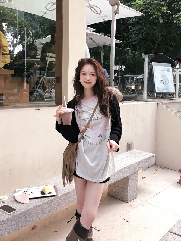 Original price 43.99! New in early autumn! [WGWE] retro color matching mid-length raglan shoulder long-sleeved T-shirt 2441# FHX