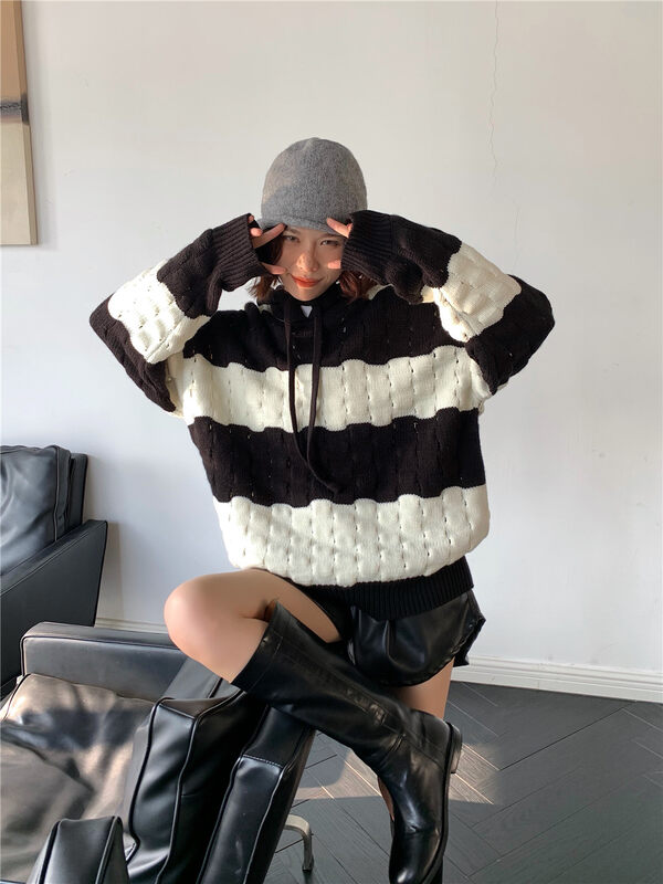 [DTU] All-match color matching casual hooded warm sweater 52480# LSL