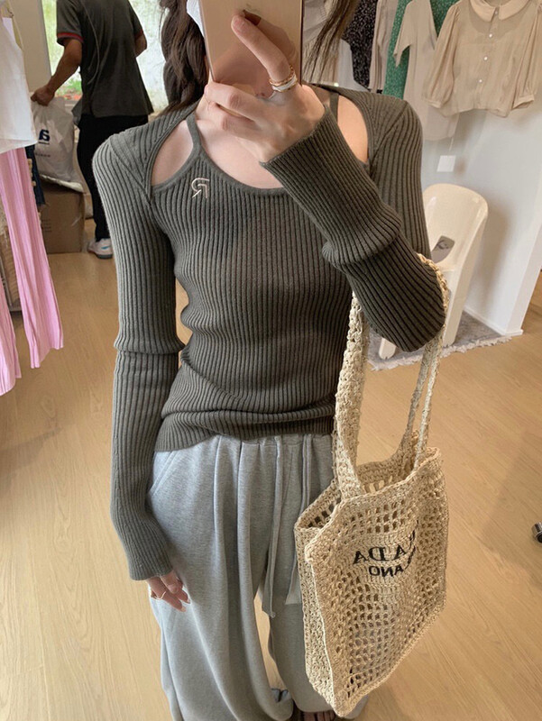【WGWE】Fashion hollow design sense slim fit all-match lazy knit sweater 3113# FHX