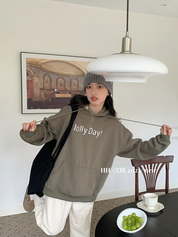 New for winter!【HH &MISS LAI】Cozy sweater with hood and fleece print 488# L