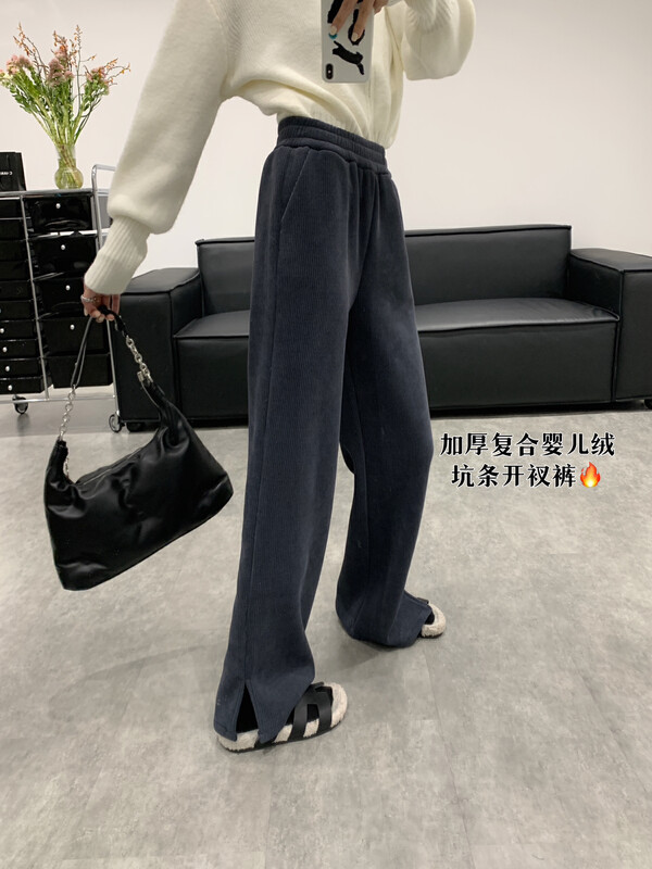 【VANESSA】Thickened composite baby velvet rubber band waist slit pit velvet straight casual pants 8301# OZQ