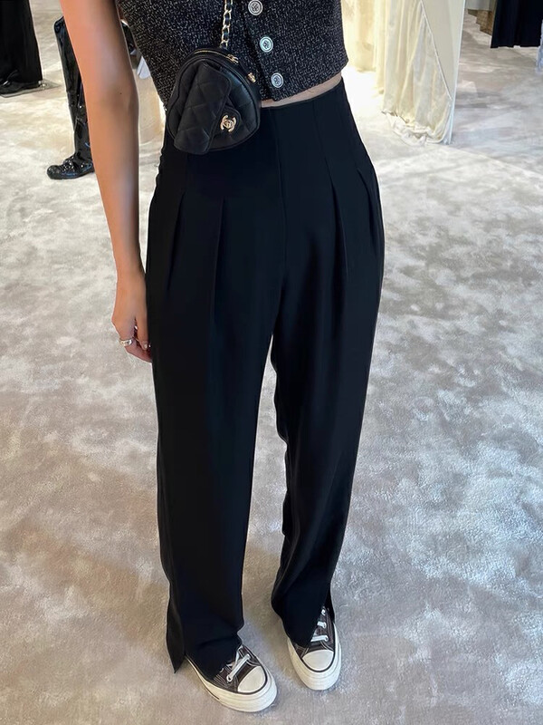 New in autumn! [WGWE] high waist drape straight leg slit casual pants 2690# FHX