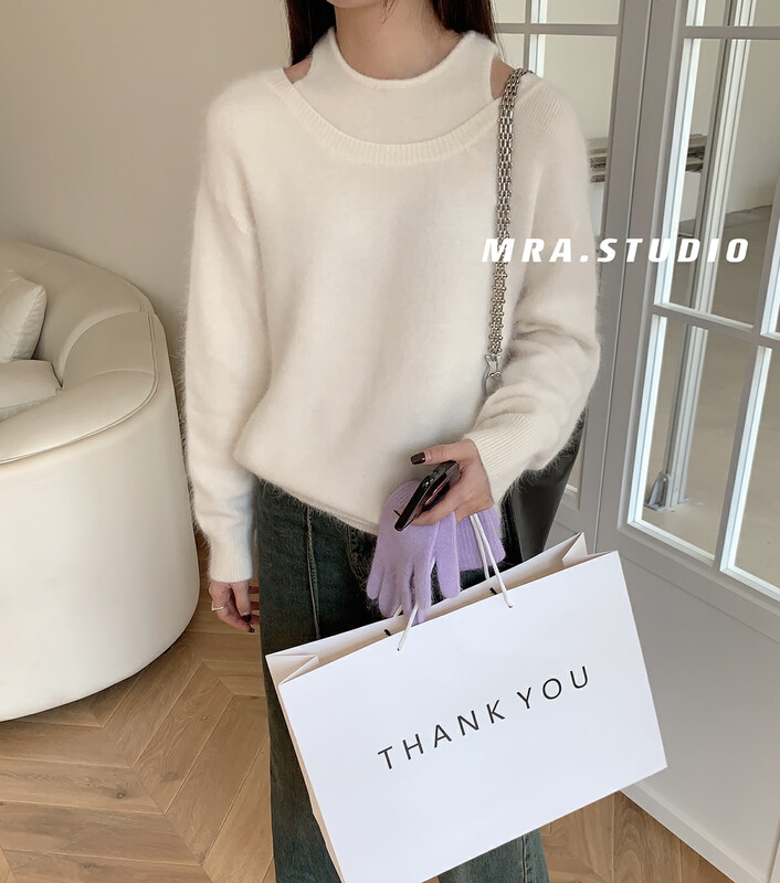 【MRA】Korean mink fur strapless soft loose sweater KU226