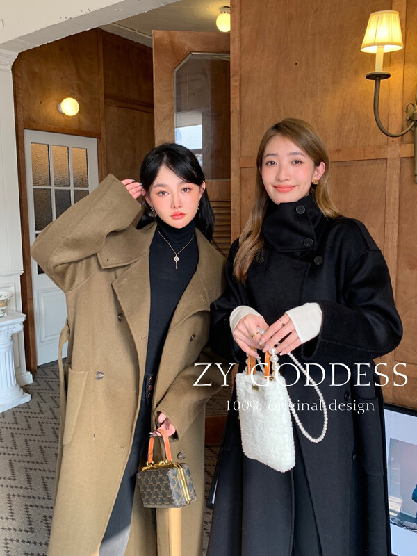 【ZY】Korean style stand collar high-quality double-breasted long double-sided cashmere coat wool coat (100% cashmere) 18500