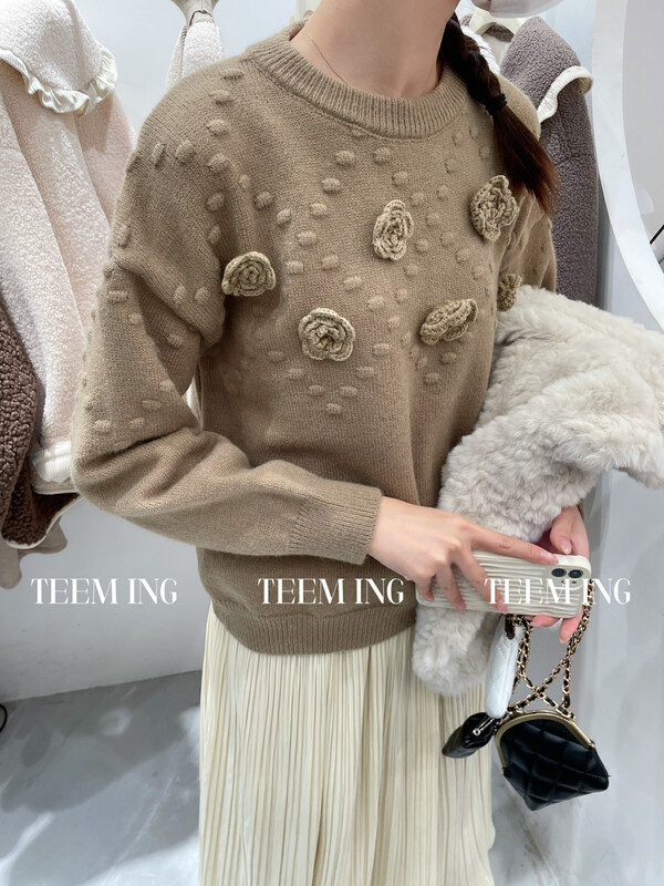 【TEEM ING】Korean three-dimensional crochet pullover round neck warm sweater 22T726# HJY