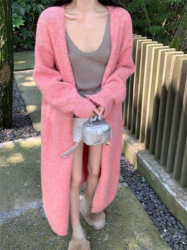 【WGWE】Long pink mid-length women's autumn all-match knitted cardigan 3022# FHX