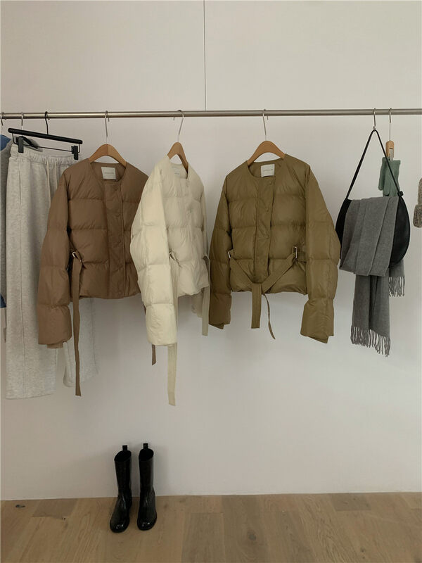 [WANNA OUR] Round neck solid color all-match warm down jacket (with belt) (90% white duck down) 229912# ZXL