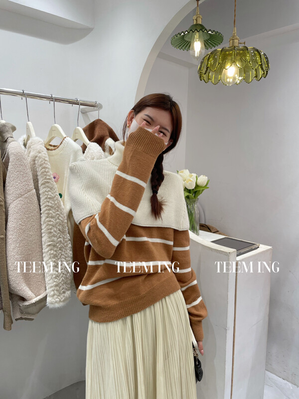 【TEEM ING】Korean striped sweater + turtleneck shawl set 22T729# HJY