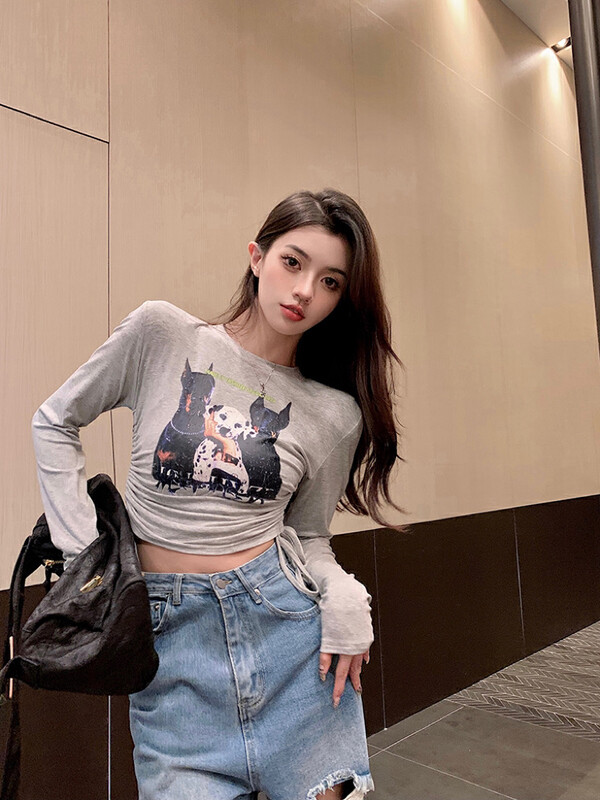 Original price 39.48! New in autumn! [WGWE] Retro puppy print drawstring short long-sleeved T-shirt 2628# FHX