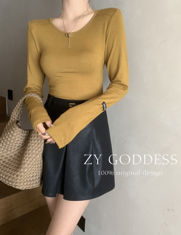 【ZY】Scheming backless right-angle shoulder small label Korean all-match long-sleeved T-shirt 18093T# JHY