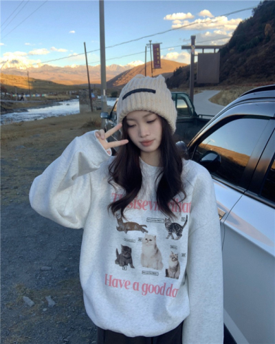 Official picture imitation cotton interwoven fabric winter thickened fleece sweater women's round neck printed long-sleeved top with strips