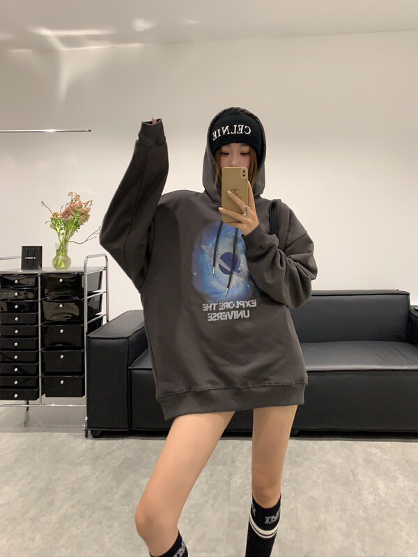 [VANESSA] Tide brand spoof earth mid-length hooded sweater WY612# OZQ