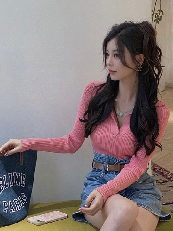 Original price 39.48! New in autumn! [WGWE] Pure Desire Polo collar all-match sweet and spicy long-sleeved T-shirt 2781# FHX