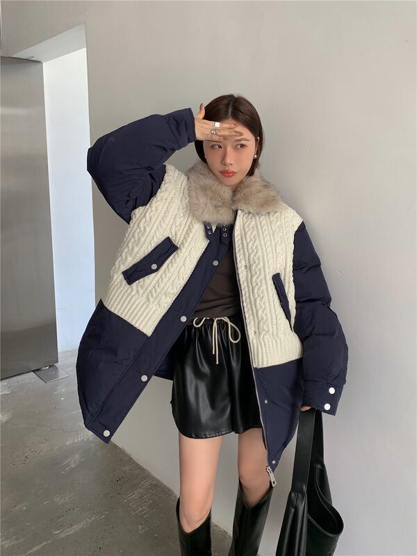 [TUTU] Stitching design feeling retro western style warm padded jacket (imitation rabbit fur collar is not removable) 33221# LSL