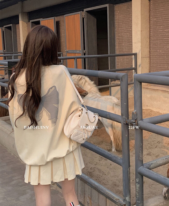[WGWE] bowknot printed sweater + high waist a-line pleated skirt suit 2889# FHX