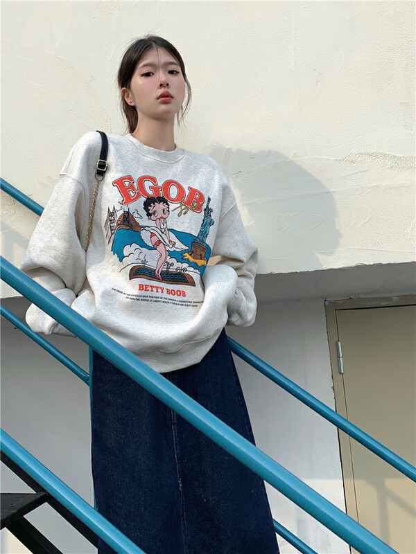 New in autumn!【WGWE】American style retro sea view Betty girl cartoon loose sweater for men and women 2763# FHX