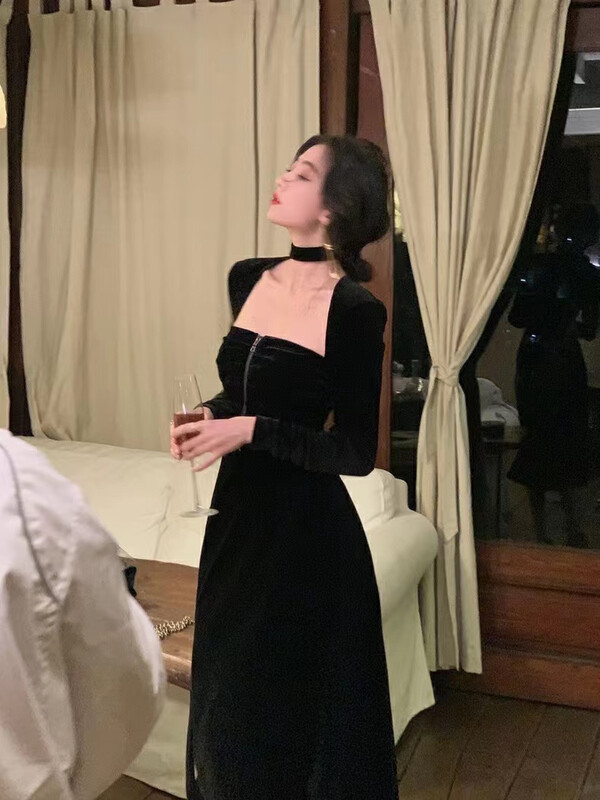 【ARE STUDIO】French temperament square collar velvet dress (with tie) 92633# OZQ