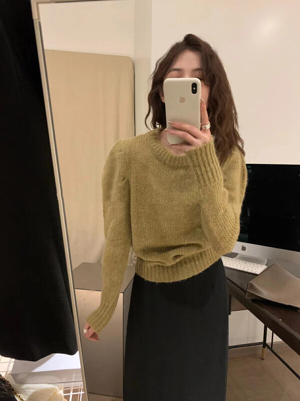 Original price 55.27! 【WGWE】Korean version gentle style all-match round neck lamb leg sleeve design warm sweater 2888# FHX
