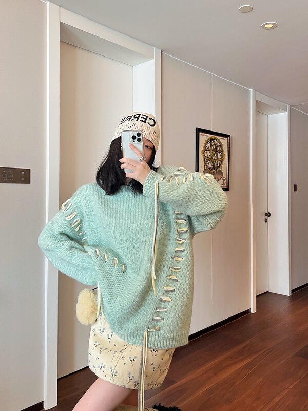 【UNITY】Winter niche drawstring design lazy wind casual wool warm sweater (20% wool) W220089# CQW