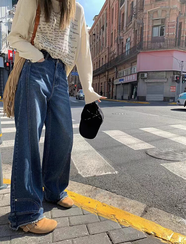 【ARE STUDIO】Designed high waist wide leg raw edge jeans 92593# OZQ