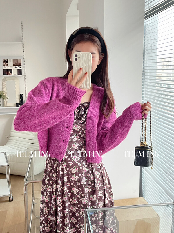 【TEEM ING】French velvet floral dress + mohair sweater cardigan set 22T632# HJY