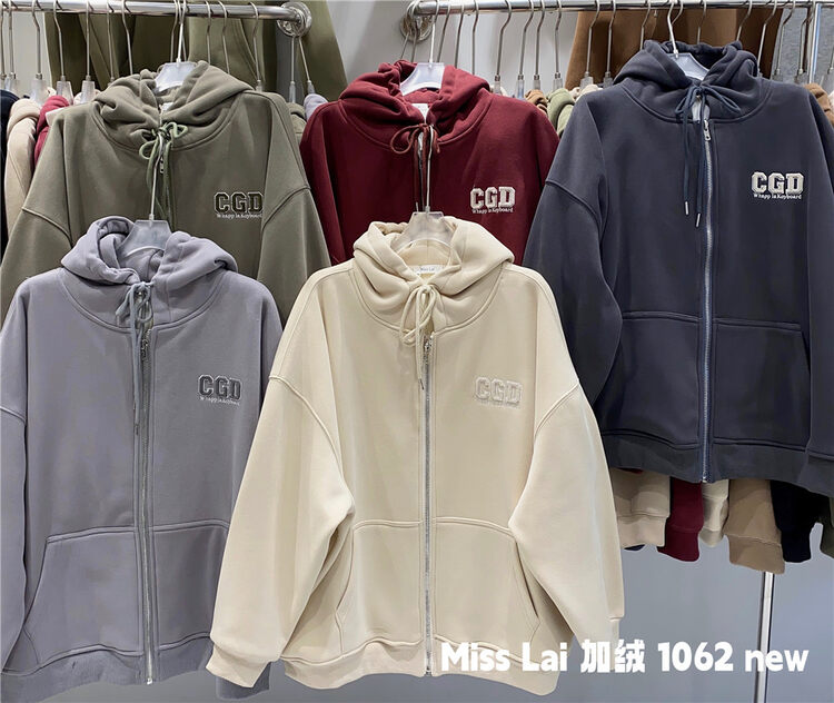 【HH &MISS LAI】Hooded zipper loose plus fleece comfortable short coat 1062# L