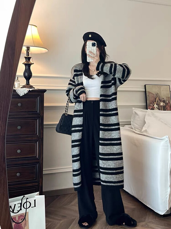 [WGWE] Fixed-dyed striped anti-thick wool long sweater knitted cardigan 3025# FHX