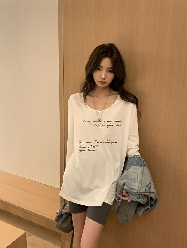 New in Autumn! [WGWE] Alphabet Round Neck Straight Can Match Long Sleeve T-Shirt 2567# FHX