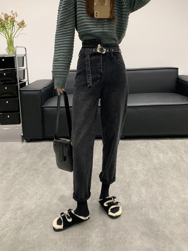 【VANESSA】design irregular double waist small straight jeans (with belt) 8507# OZQ