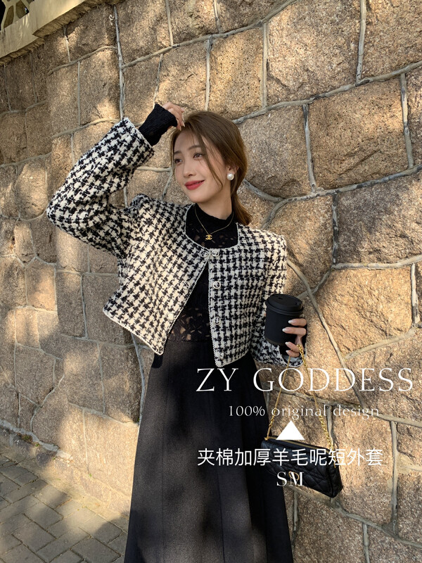 【ZY】Korean style pearl edge woolen quilted thick retro plaid short coat (40% wool) 18293