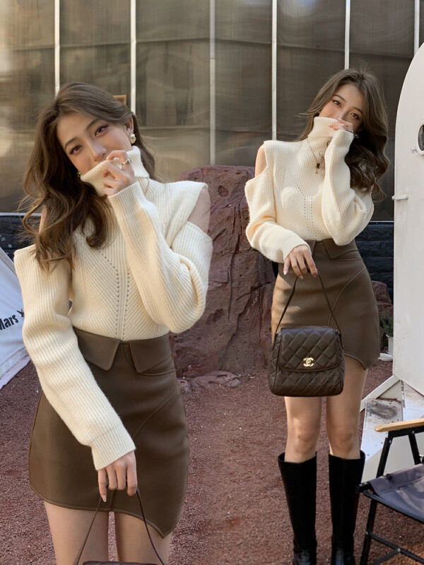 【ZY】Soft Waxy High Collar Niche Design Lazy Wind Leaky Shoulder Base Wear Wool Sweater (30% Wool) D12