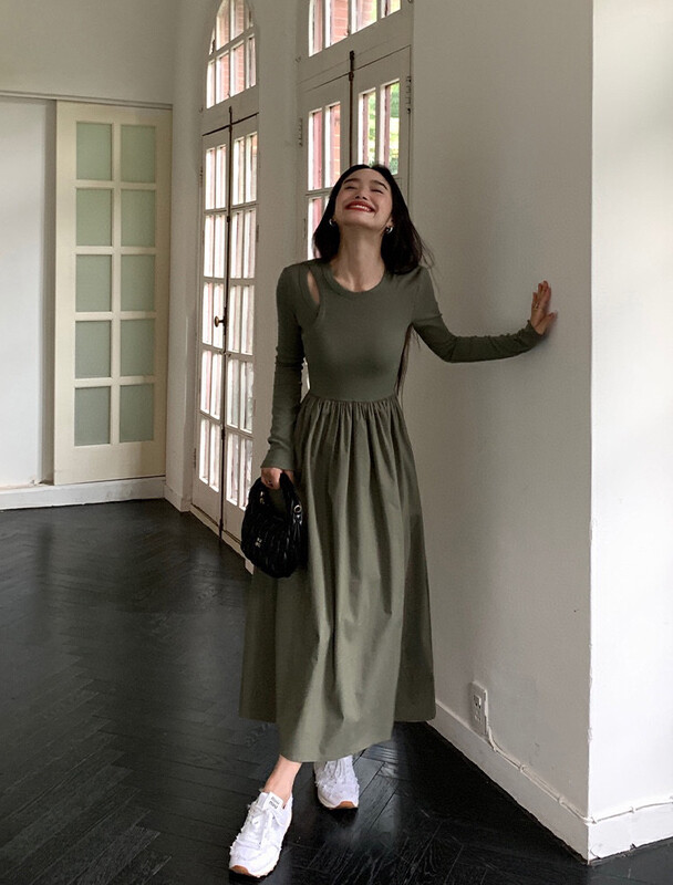 New in autumn!【WGWE】Simple solid color mid-length dress 2756# FHX