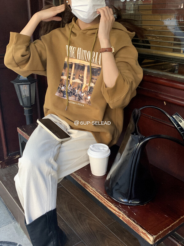 【6-UP】Korean style casual hooded print fleece sweater 69322# CQW