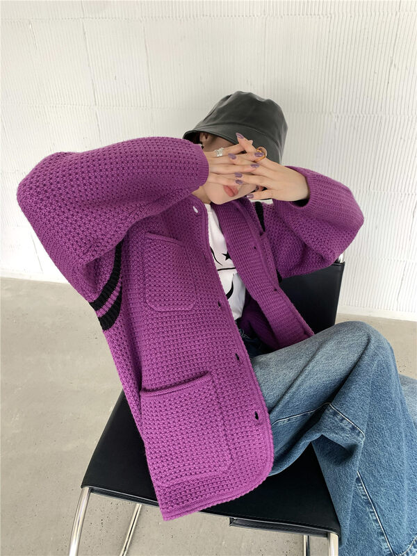 [DTU] All-match loose color-block knitted cardigan 33188# LSL