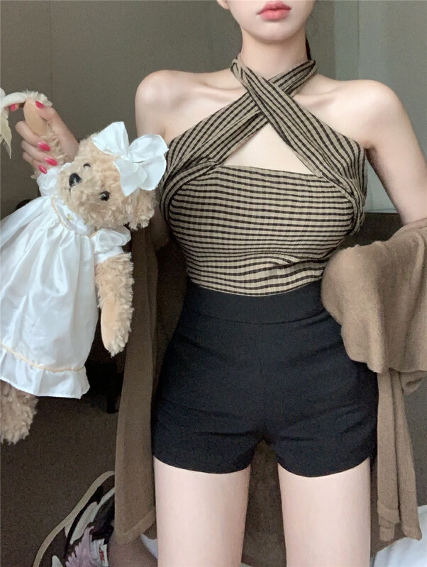 【WGWE】Date Day BI design sense cross hanging neck tube top vest / suspenders 2404# FHX