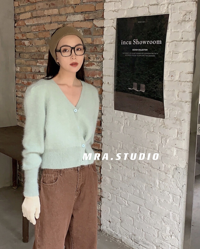 【MRA】V-neck thin mink fur warm sweater knitted cardigan KU232# CQW