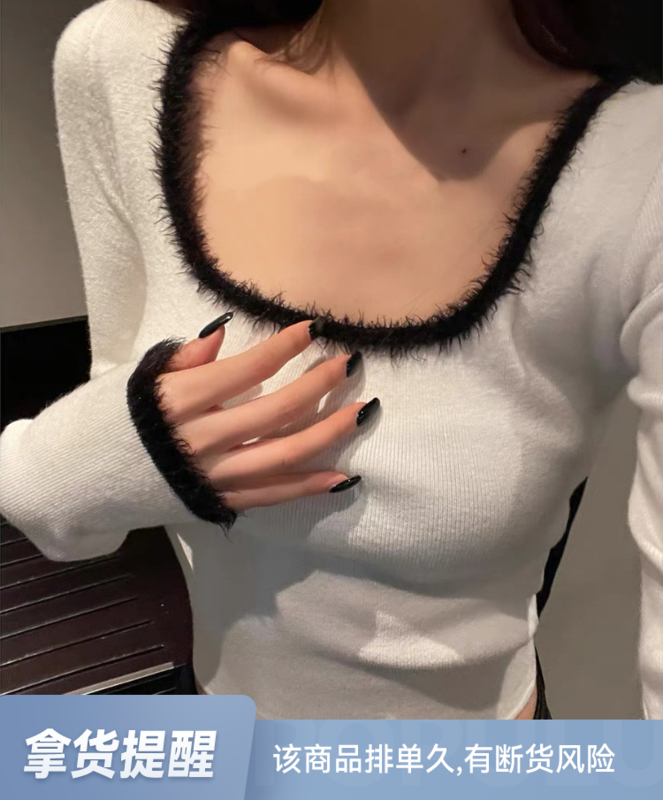 【WGWE】Short warm sweater with a small design and a square collar with a color contrast 2930# FHX