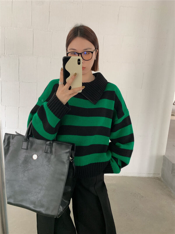 【DTU】Stand Collar Contrast Color Striped Warm Sweater 52526# LSL