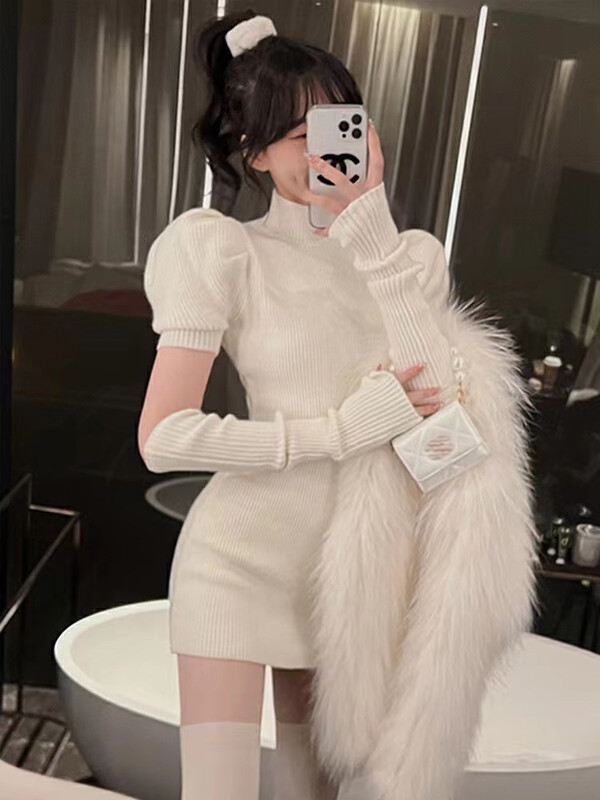 【ARE STUDIO】Designed slim knitted dress (with sleeves) 92618# OZQ